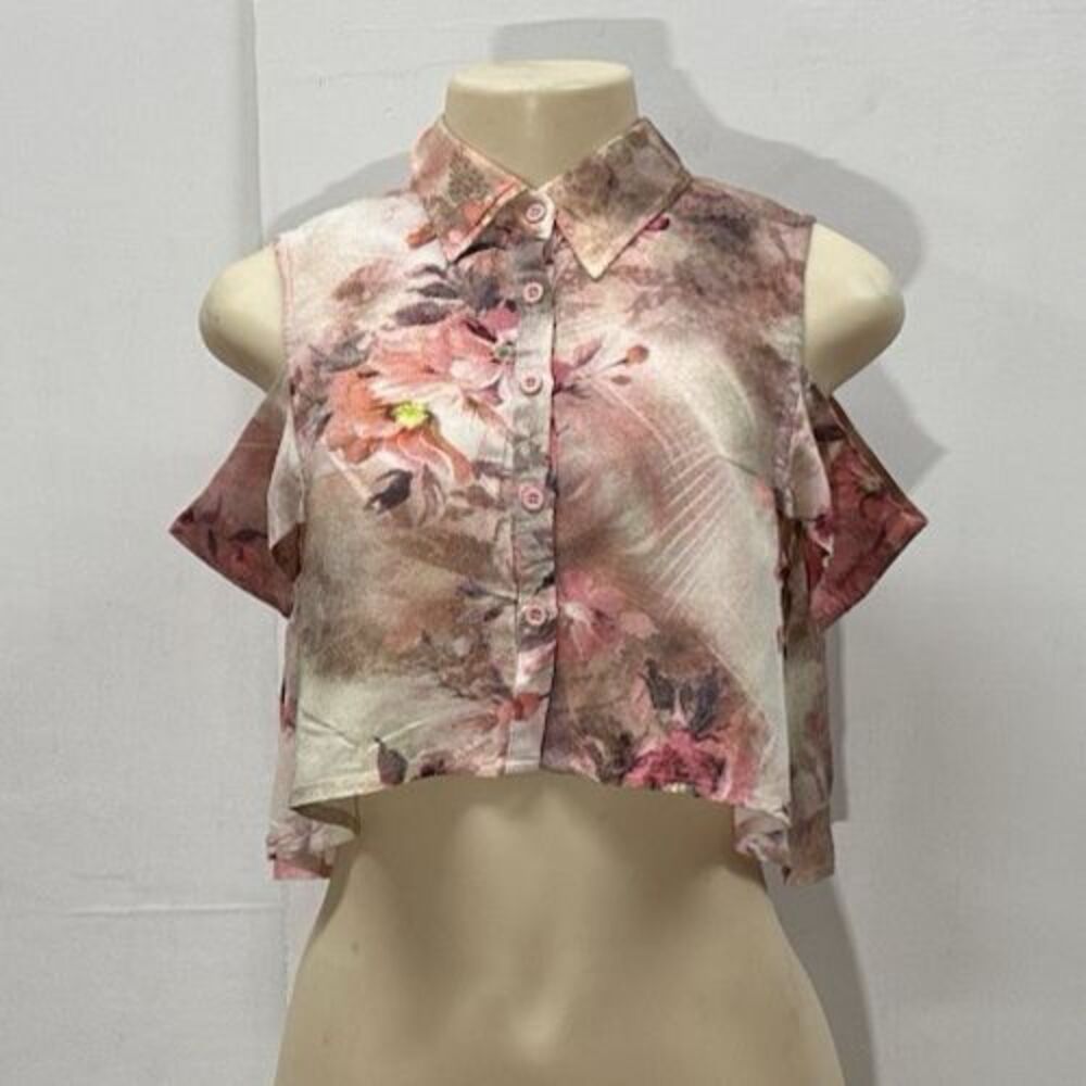 Millau women size small pink floral open shoulder cropped top